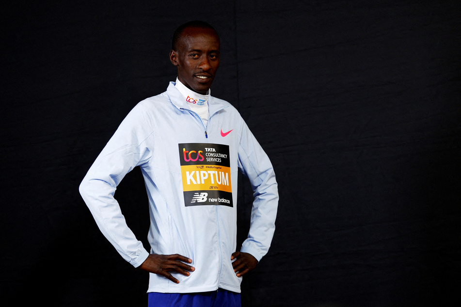 Kenya's Kelvin Kiptum poses after the press conference ahead of the London Marathon in April 2023.