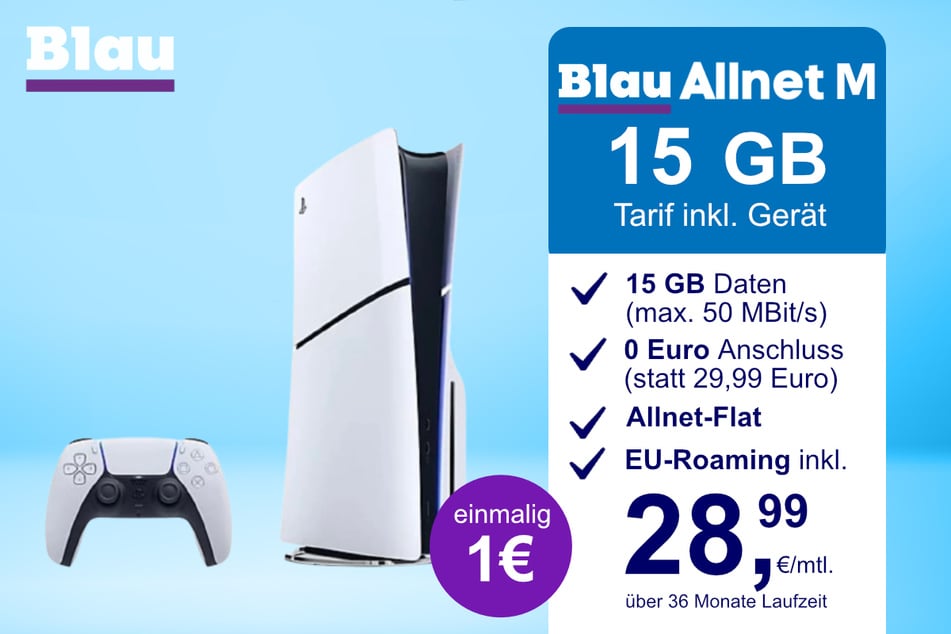 Die PS5 Digital Slim Edition im Blau Allnet M inkl. 15 GB für einmalig nur 1 Euro.