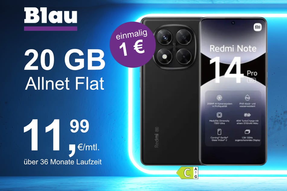 Das Xiaomi Redmi Note 14 Pro im Blau Allnet M für einmalig 1 Euro.