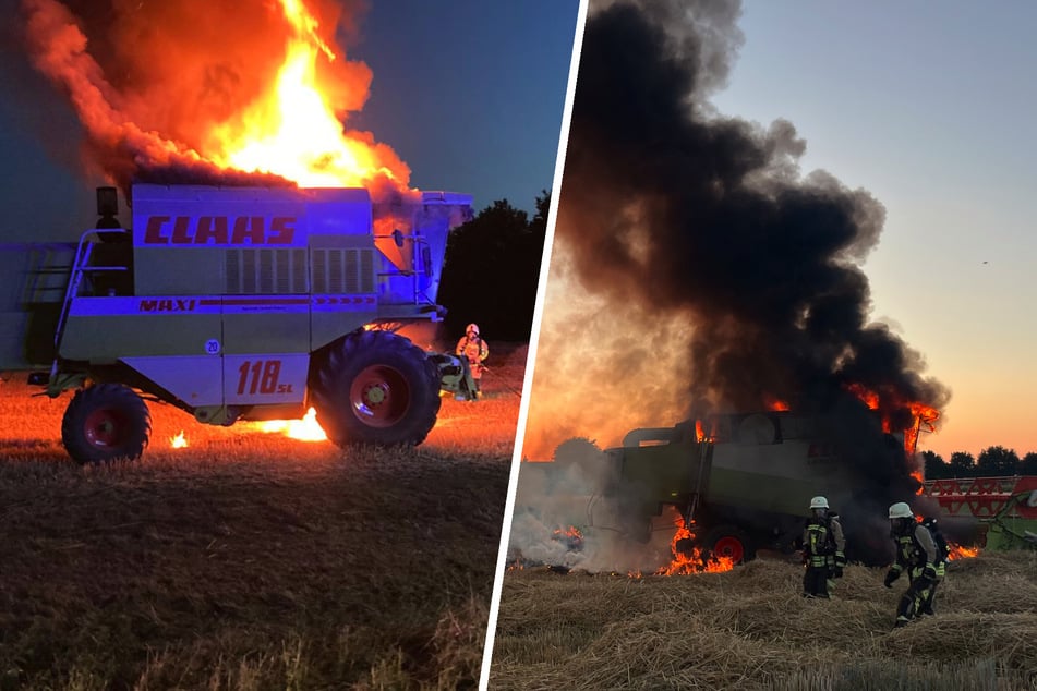 Feurige Ernte: Mähdrescher auf Acker abgefackelt
