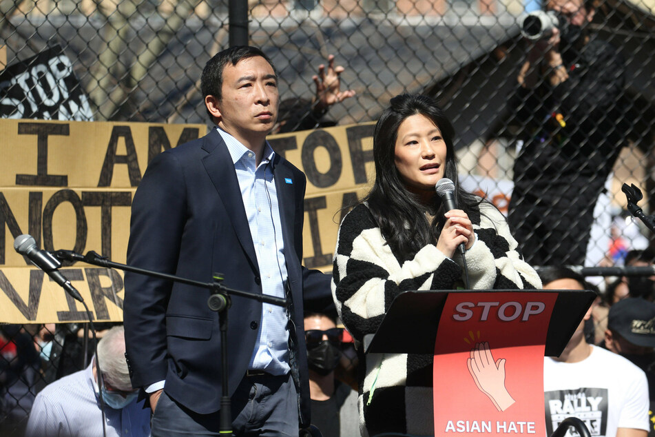 March 2021: Andrew and Evelyn Yang speak at a Stop Asian Hate rally in New York City.