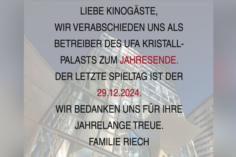 In einer Mitteilung auf der Website des Kinos verabschieden sich die bisherigen Betreiber.