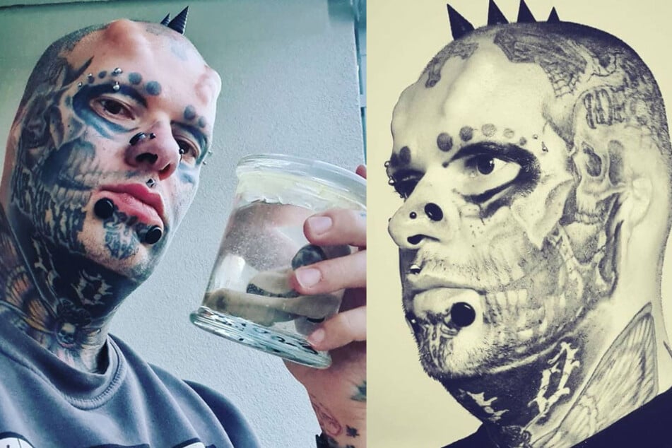 Sandro, better known as Mr. Skull Face, shows off his removed ears in a jar.