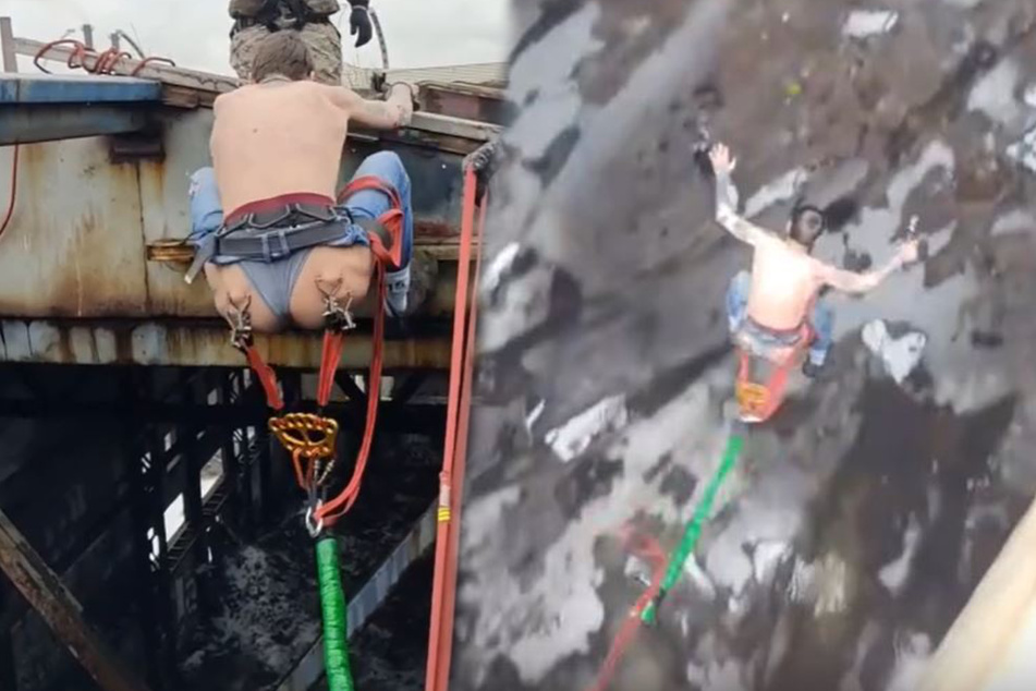Cowa-bum-ga! Man bungee jumps with rope held by butt piercings