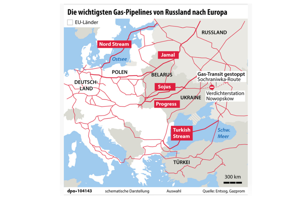 Diese Karte zeigt die wichtigsten Gas-Leitungen zwischen Russland und Europa. Nord Stream 1 ist seit 2011 in Betrieb.