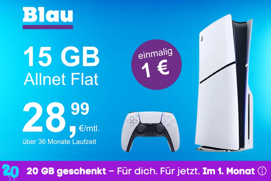 Die PS5 Digital Slim Edition im Blau Allnet M inkl. 15 GB für einmalig nur 1 Euro.