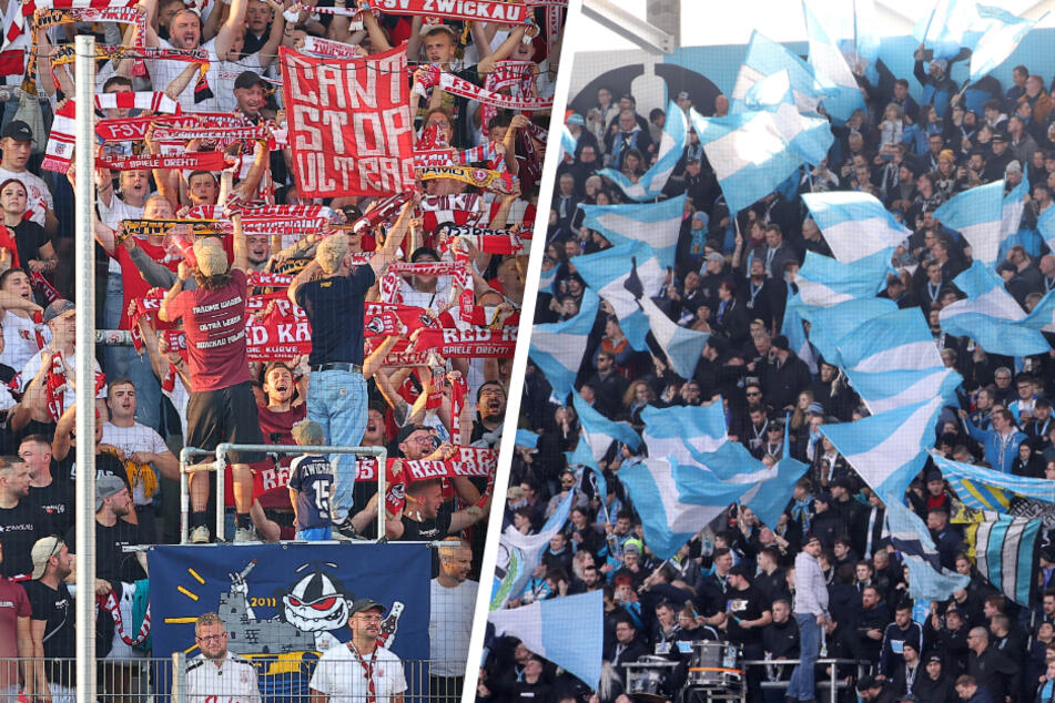 Fans des FSV Zwickau (l.), des CFC und weiteren Regionalligisten sind sauer auf die Spielansetzungen des NOFV.