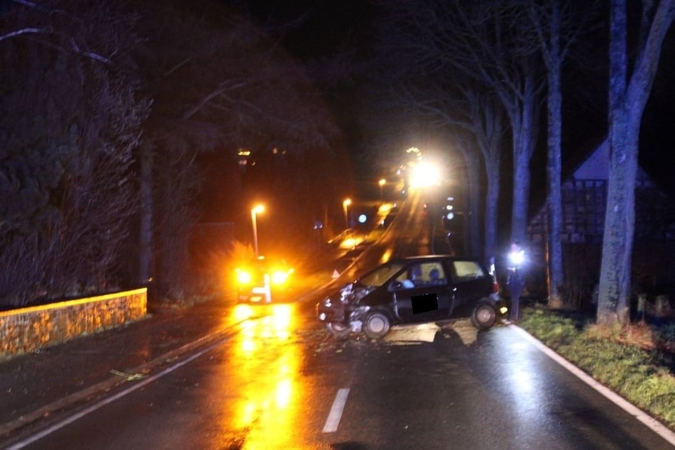 Der Renault ist frontal gegen einen Baum geprallt.