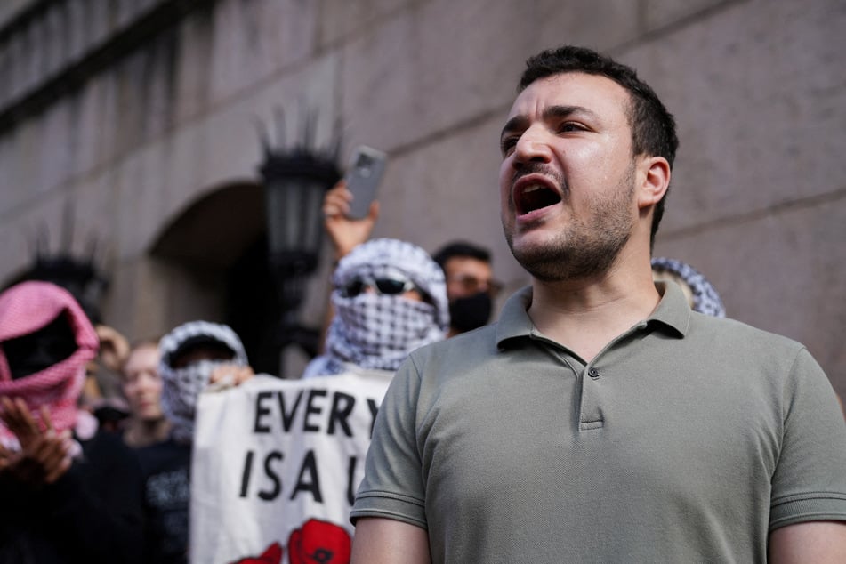 Mahmoud Khalil attends a Palestine solidarity protest outside Columbia University in New York City on October 7, 2025.
