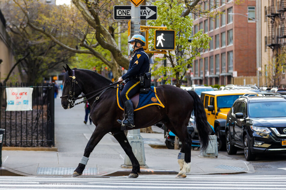 Ein New Yorker Polizist zu Pferd kommt im NYU Langone Health Hospital auf der Insel Manhattan an.