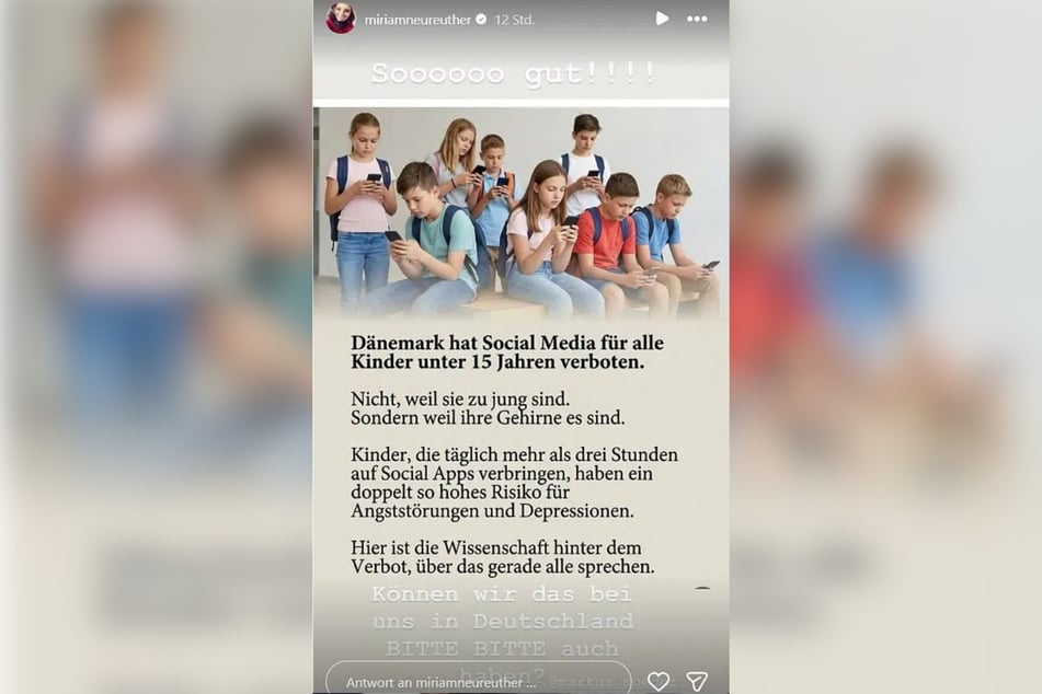 Miriam Neureuther fordert auf Instagram das Verbot für Social Media bei Kindern.