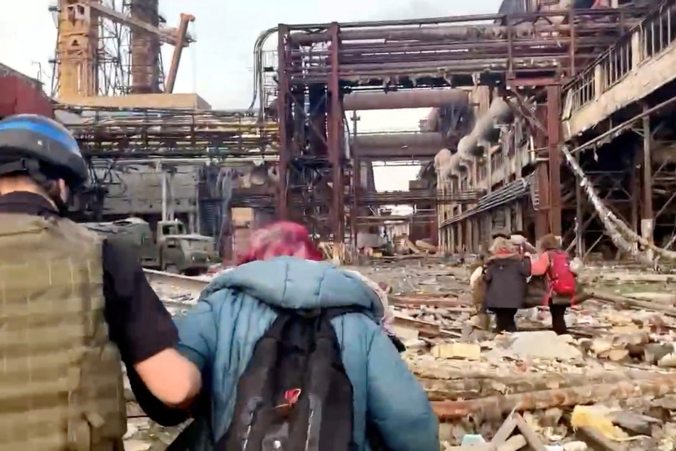 Civilians being evacuated from the Azovstal steel plant network on Sunday, May 1.