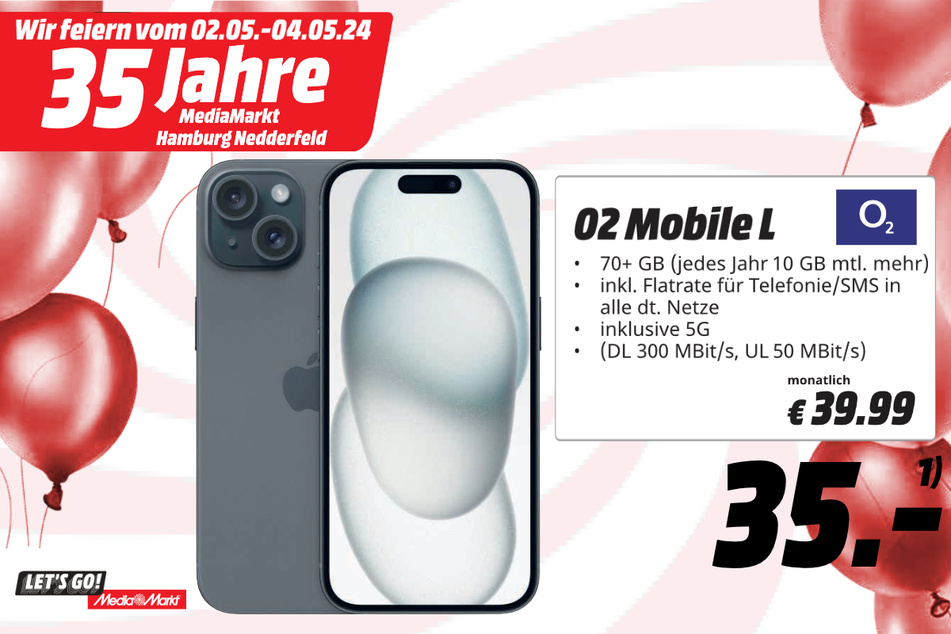 Apple iPhone 15 5G für 35 Euro / 39,99 Euro monatlich.