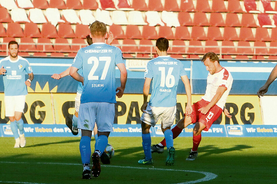 Mike Könnecke (r.) hat abgezogen, nur einen Augenblick später landet die Kugel im Netz des Chemnitzer Tores.