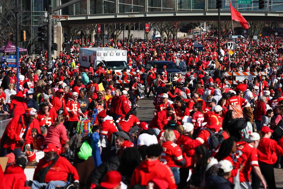 Fans following a shooting at Union Station during the Kansas City Chiefs Super Bowl LVIII victory parade on Wednesday in Kansas City, Missouri.