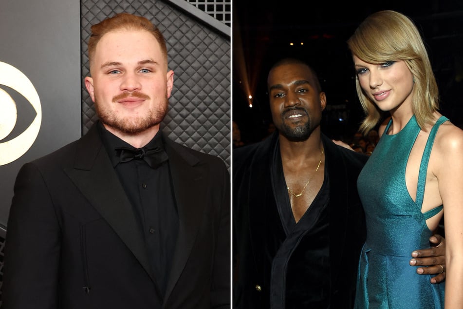 Zach Bryan (l.) apologized after praising Kanye West (c.) and taking a shot at pop star Taylor Swift.