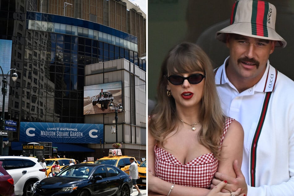 Employees have been spotted setting up for what might be Taylor Swift and Travis Kelce's (r.) wedding on Friday.