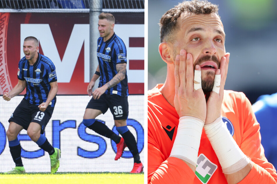 Jubel beim SC Paderborn 07 (l.), Entsetzen beim Karlsruher SC: Der SCP nahm den KSC am Sonntag innerhalb von 20 Minuten komplett auseinander, spielte sich in einen Rausch und ist nach dem 5:0-Kantersieg erster Tabellenführer der neuen Saison.