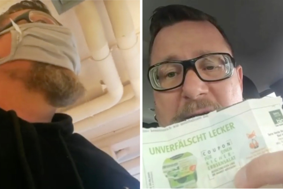 Lars mit seinem Coupon (r.) und dann auf Mission im Supermark (l.).