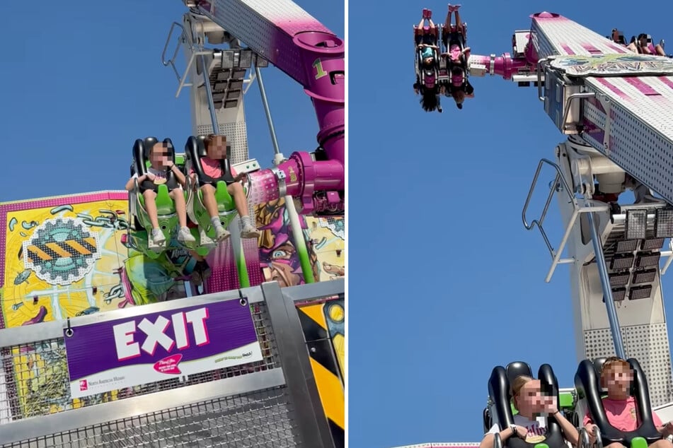 Nightmare for a mother in the US state of Arkansas: She had to watch her children get stuck upside down in a ride (r.).