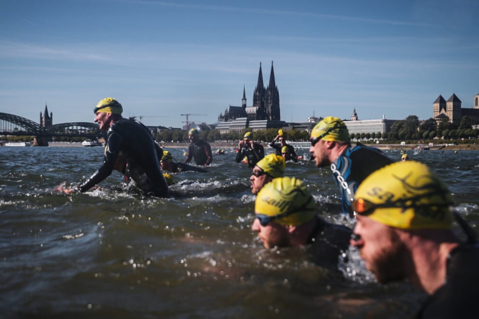 Während des Triathlons dürfen die Sportlerinnen und Sportler trotz Badeverbot ganz legal im Rhein schwimmen gehen. (Archivfoto)