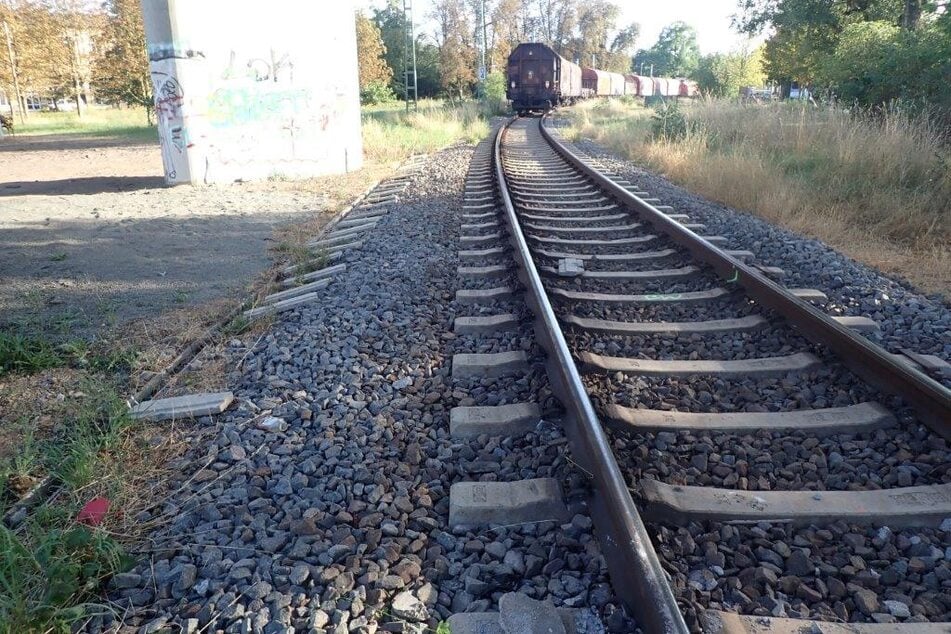 Auf diesen Schienen lagen die Betonplatten. Im Hintergrund steht der betroffene Güterzug.