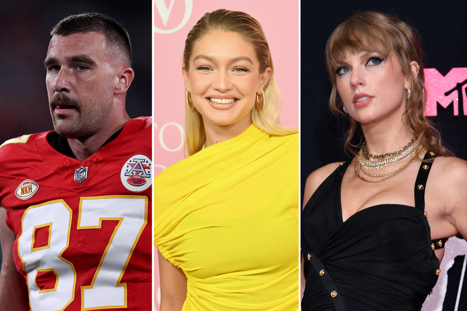 Gigi Hadid (c) has clarified her opinion on Taylor Swift (r) and Travis Kelce's whirlwind romance.