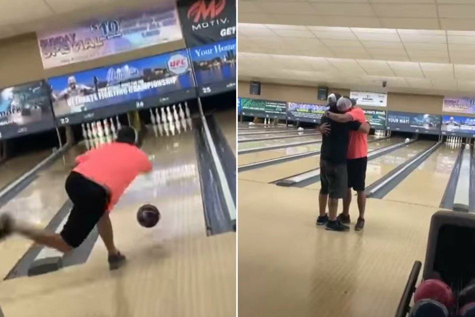 For two handed bowling to be legal, John says that one of the three finger holes has to filled in. He filled the one in his custom ball with his father's ashes.