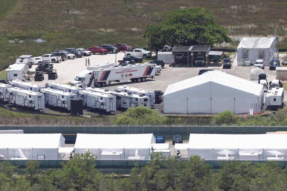 An aerial view shows the "Alligator Alcatraz" ICE detention center at Dade-Collier Training and Transition Airport in Ochopee, Florida, on July 24, 2025.