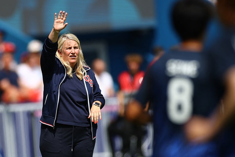 Team USA Coach Emma Hayes in action during the quarter-final match against Japan at the Paris Olympics.