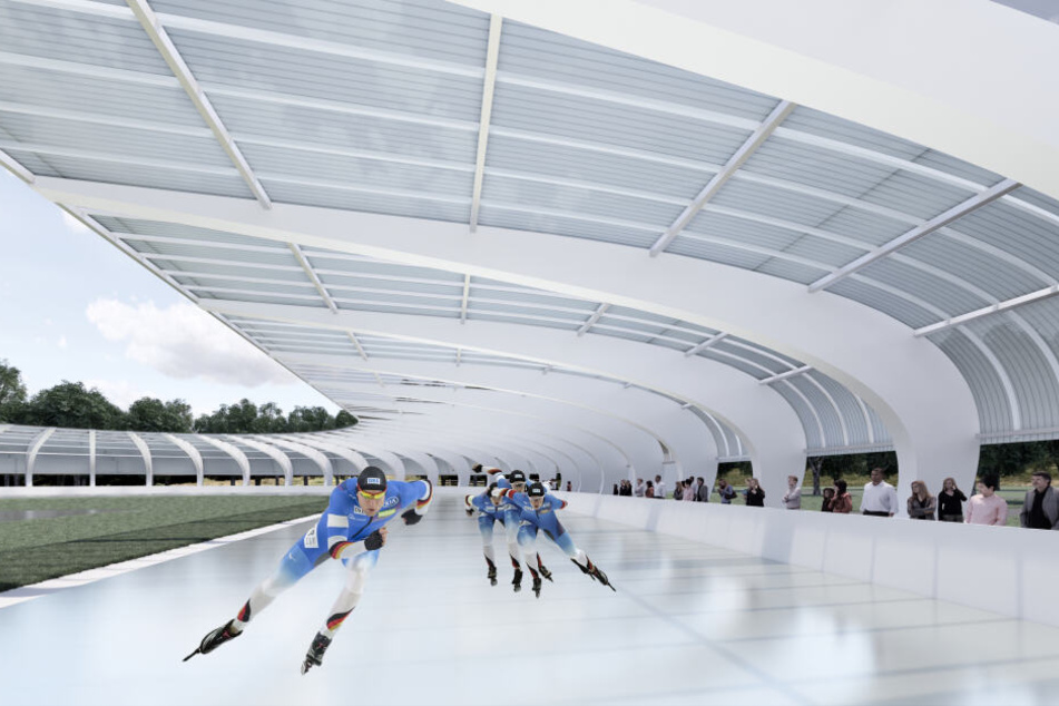 So soll die neue Eisschnelllaufbahn nach Fertigstellung im Herbst 2021 aussehen.