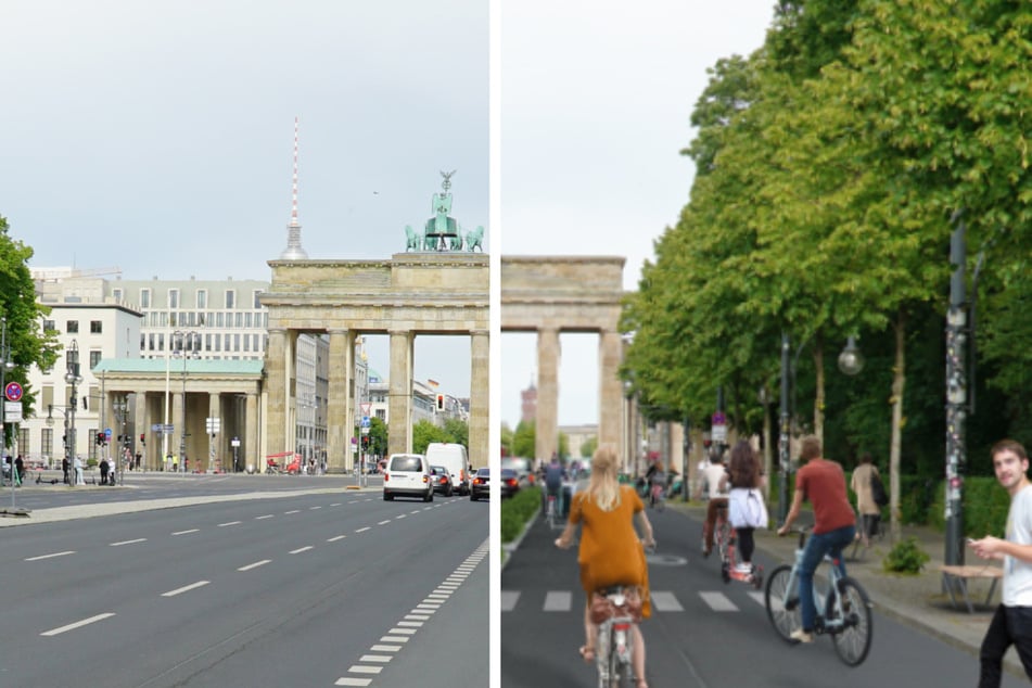 Links das vertraute Bild der Straße des 17. Juni, rechts die Idee von weniger Autos, dafür mit mehr Raum für Radfahrer und Fußgänger.