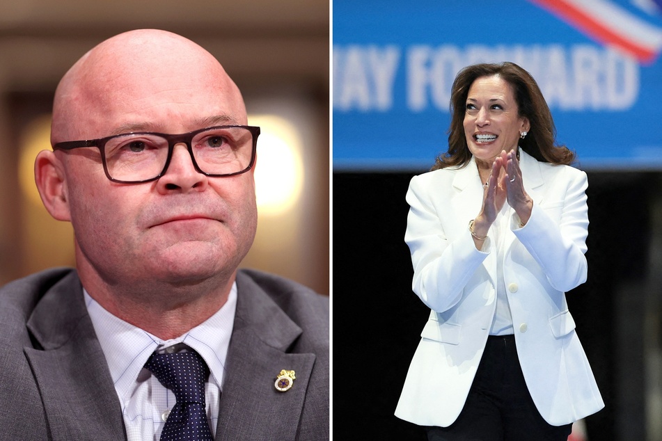 In a recent interview, Teamsters President Sean O'Brien (l.) explained that he has not endorsed Kamala Harris (r.) because she has yet to meet with the union.