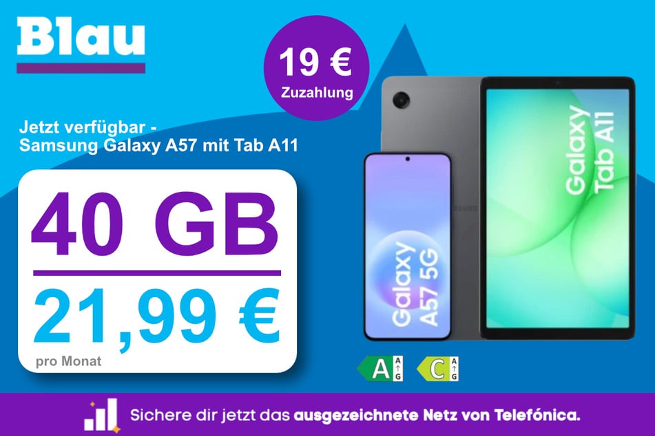 Das Samsung Galaxy A57 5G mit Galaxy Tab A11 für einmalig 19 Euro bei Blau.