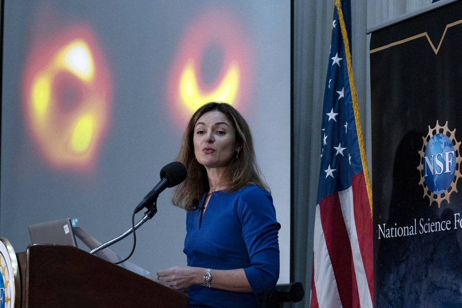 Professor of Astronomy and Physics Feryal Özel speaks during a news conference to announce the first image of Sagittarius A* (onscreen), a supermassive black hole, at the center of the Milky Way Galaxy, in Washington, DC, on May 12, 2022.