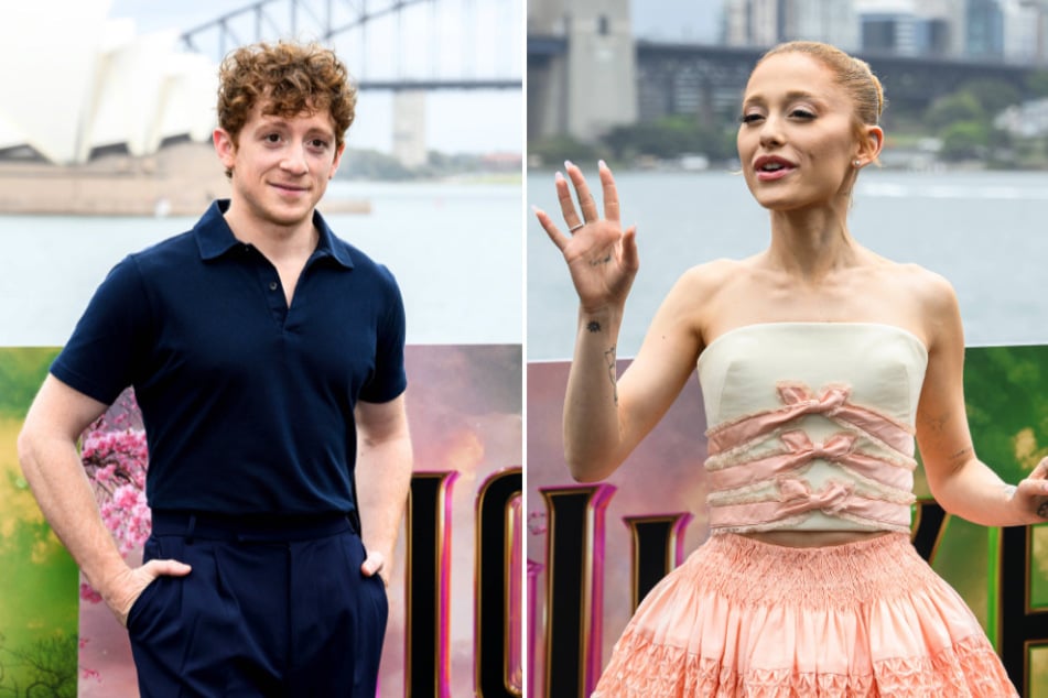 Ariana Grande (r.) and Ethan Slater at a Wicked photo call in Sydney, Australia.