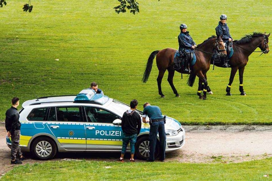 Im Alaunpark kontrolliert die Polizei teilweise zu Pferd, ob Drogenverkäufer hier ihre Geschäfte machen.