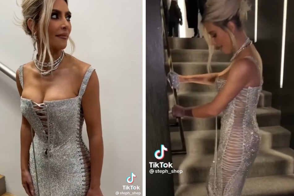 Kim Kardashian's can barely walk in her skin-tight Dolce & Gabanna gown at Milan Fashion Week.
