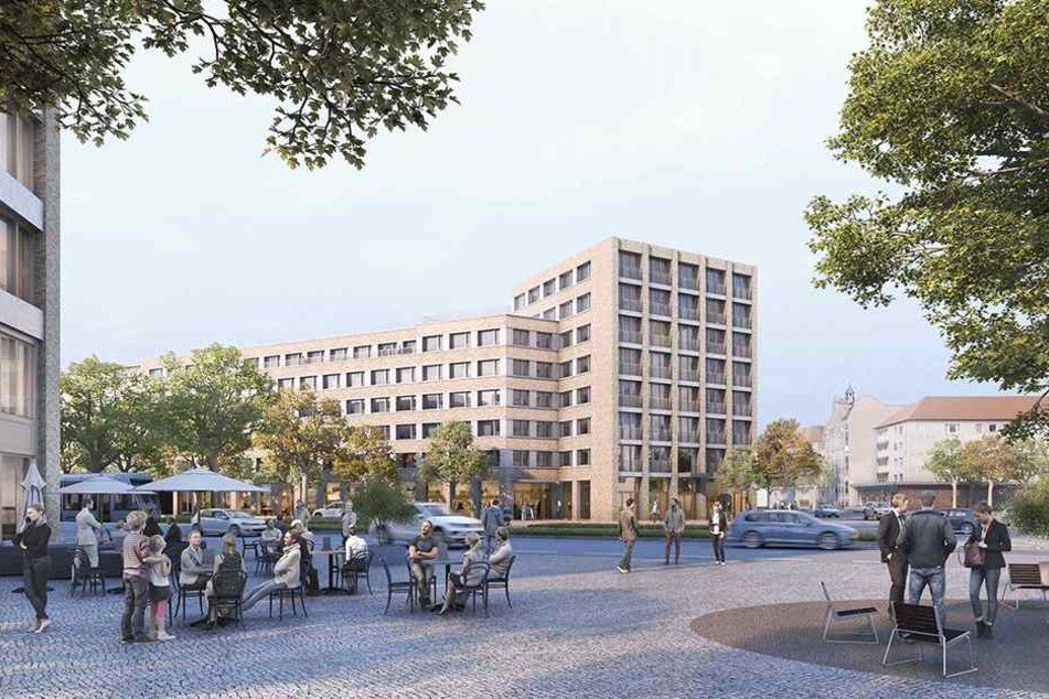 Im Hintergrund: Die Studentenwohnungen auf acht Etagen. Vorn: ein neu entstehender Stadtplatz. 