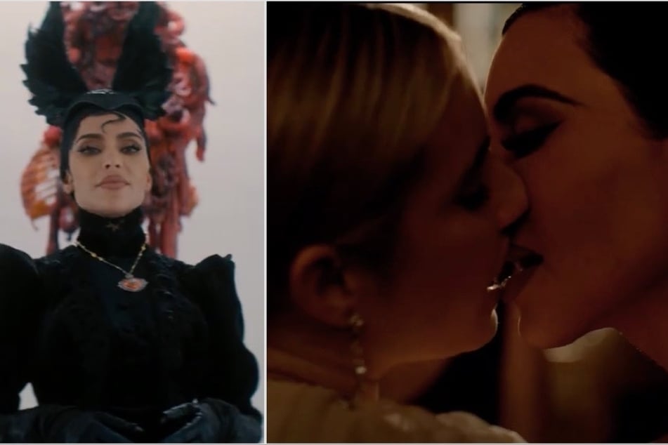 Kim Kardashian and Emma Roberts (c.) lock lips in the new trailer for American Horror Story: Delicate Part Two.