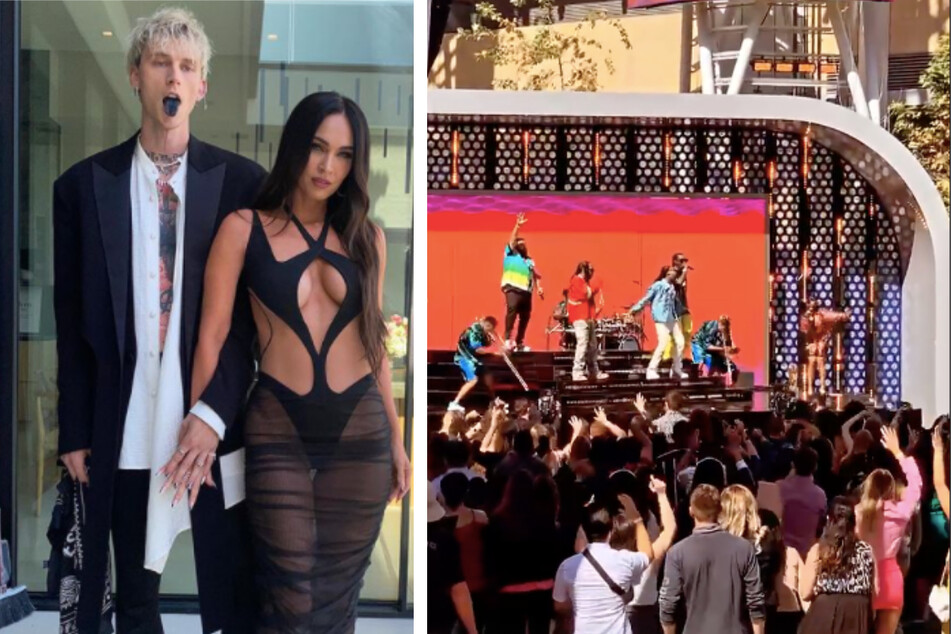 The night's hottest couple, Machine Gun Kelly and Megan Fox (l.), heated up the red carpet with some black tongue action while artists performed for a large crowd of awards show fans for the first time in over a year (r.).