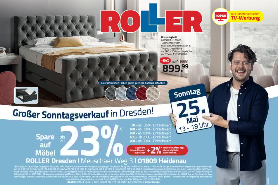 Zum verkaufsoffenen Sonntag (25.5.) bei ROLLER Heidenau gibt's edle Boxspringbetten 54 Prozent günstiger.