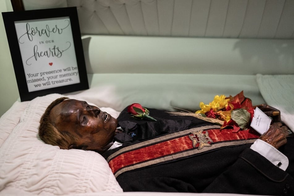 The body of "Stoneman Willie," a jailed thief that died in a Pennsylvania prison in 1895 and was accidentally mummified by undertakers, lies on display at the local funeral home that has been his resting place for 128 years in Reading, Pennsylvania.