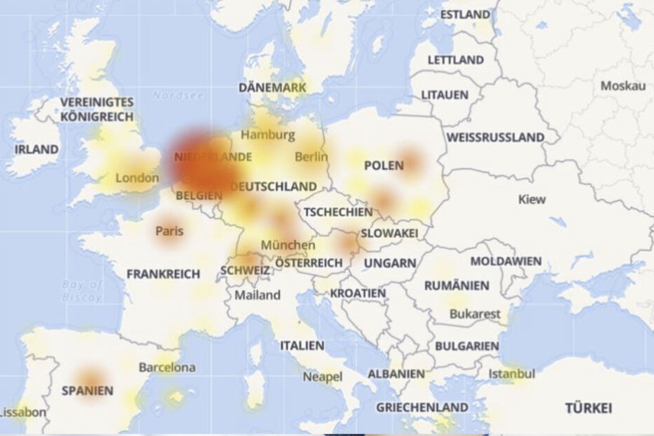 Die Karte von "Allestörungen" zeigt, welche Länder in Europa besonders von der technischen Störung betroffen sind.