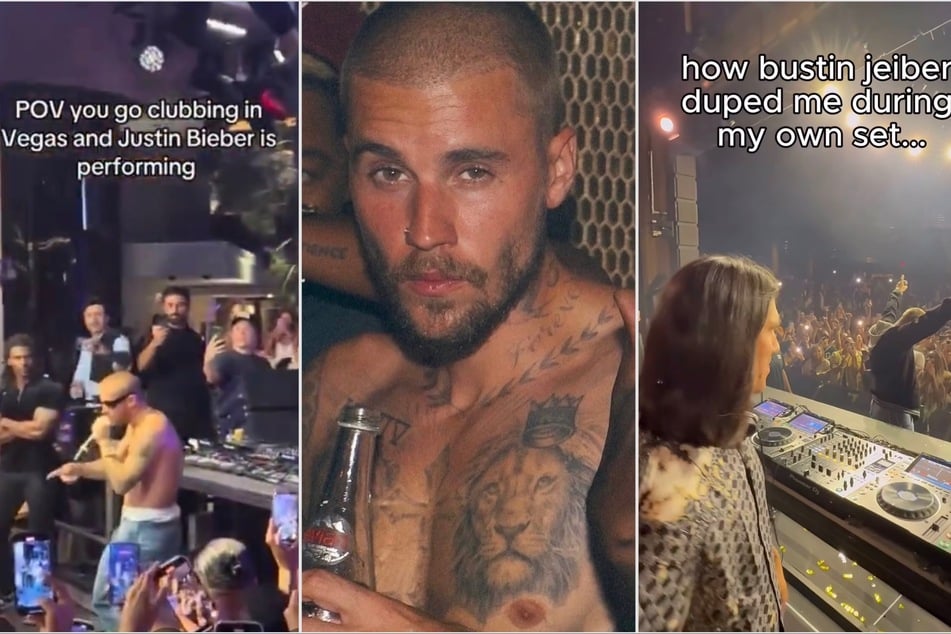 A Justin Bieber (c.) imposter tricked DJ Gryffin and staff at the Wynn Las Vegas in a hilarious viral moment.