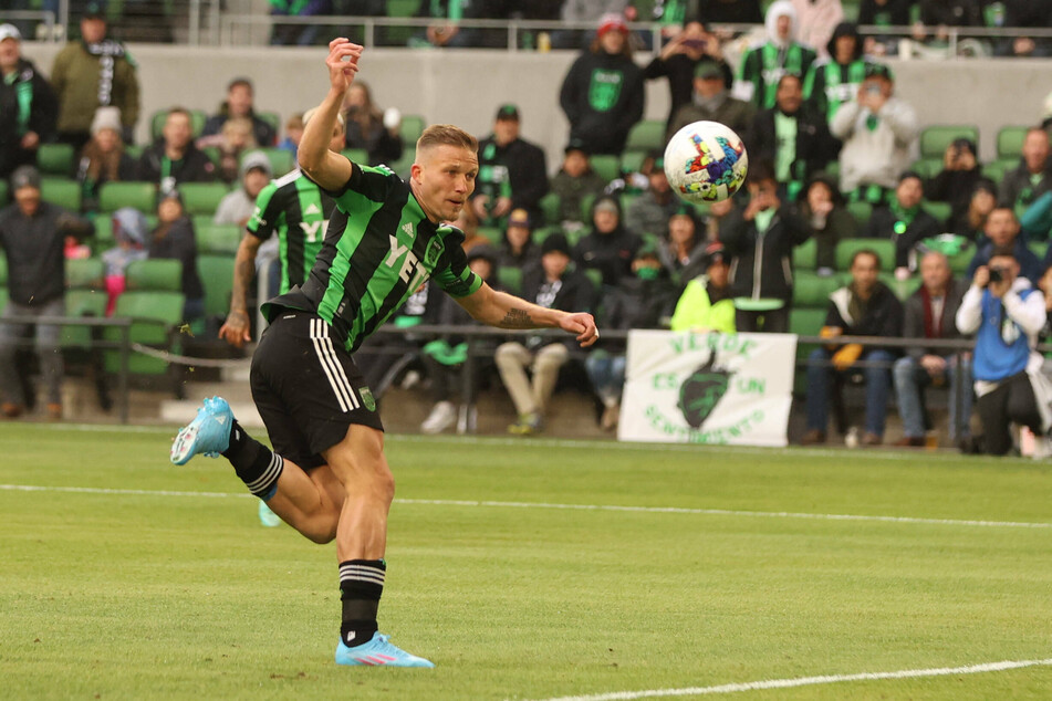 Club captain Alex Ring takes a shot on goal during a match against FC Cincinnati at Q2 Stadium in Austin, Texas on Saturday night.