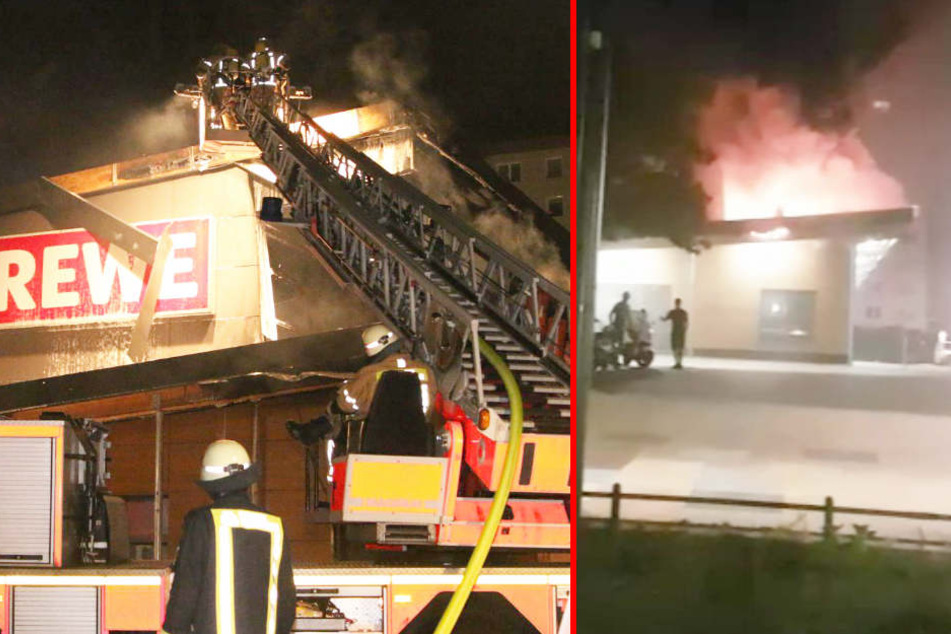 Eine Amateuraufnahme zeigt, wie Flammen aus dem Markt empor stechen.