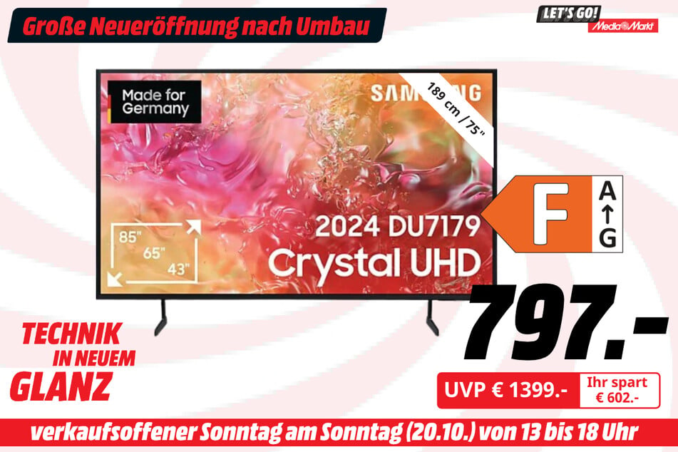 75-Zoll Samsung-Fernseher für 797 statt 1.399 Euro.