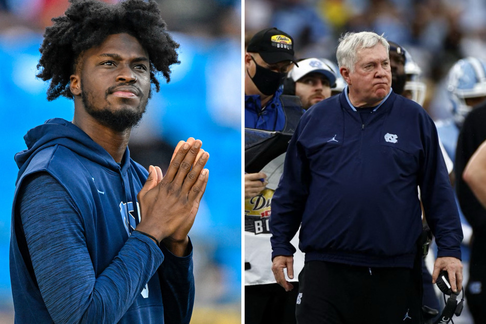 North Carolina Tar Heels wide receiver Tez Walker (l.) won't suit up for his dream school this season, after a decision made by the NCAA is keeping him sidelined until 2024. UNC Football Coach Mack Brown (r.) isn't happy.