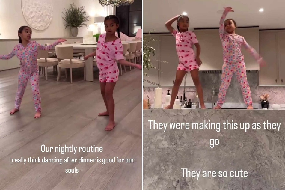 Khloé Kardashian showed off her daughter True (c.) and niece Dream's "nightly routine" via Instagram.